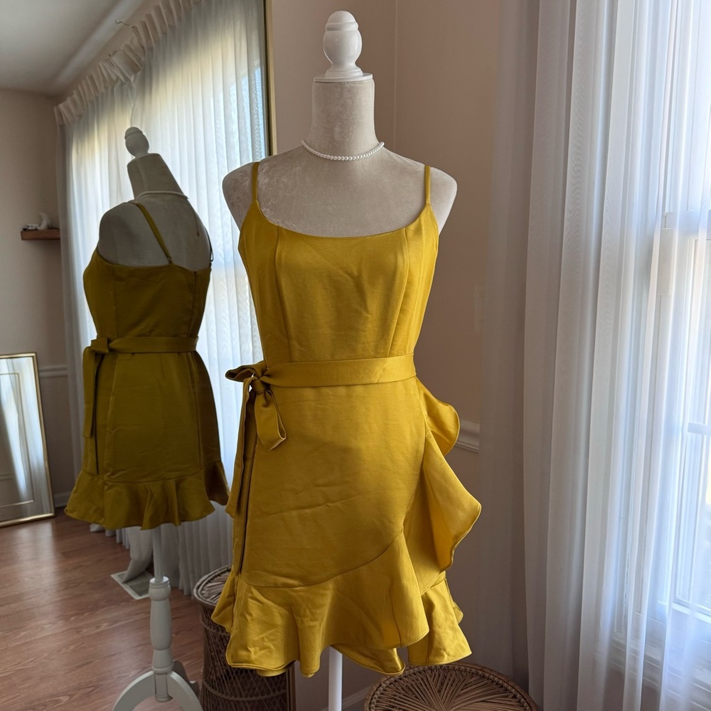 Lulu’s Chartreuse Satin Ruffle Wrap Dress Size S